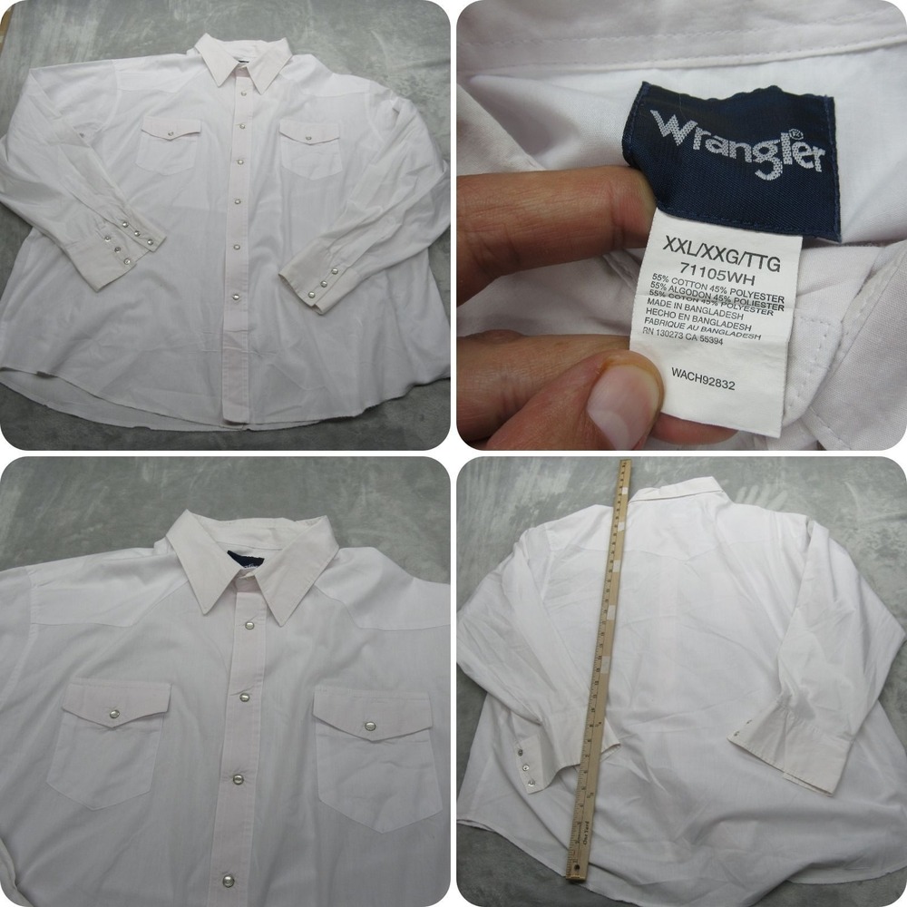 Wrangler Pearl Snap Shirt‎ Mens XXL White Long Sleeve Button Up Western VTG